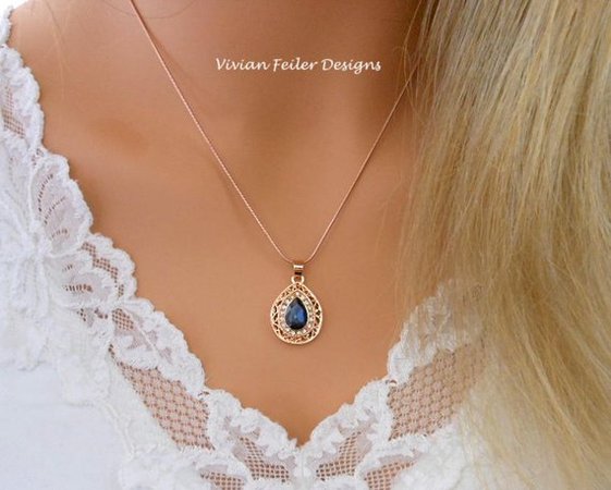 Rose Gold Jewelry SET BLUE Necklace and Earrings Wedding Bridal Pink Gold Cubic Zirconia Prom Jewelry