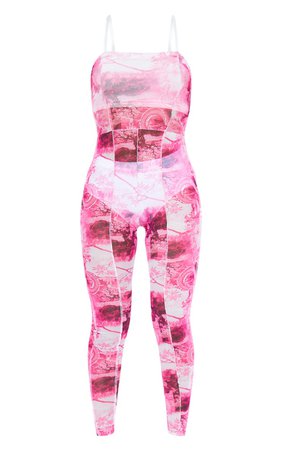 Pink Print Seam Detail Strappy Mesh Jumpsuit | PrettyLittleThing USA