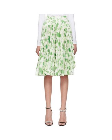 CALVIN KLEIN 205W39NYC White And Green Acid Leaves Soleil Pleated Skirt