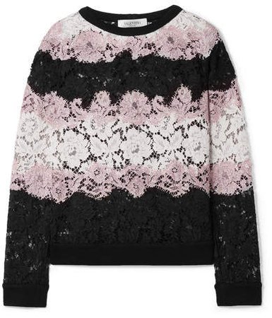 Jersey-trimmed Corded Cotton-blend Lace Sweatshirt - Black