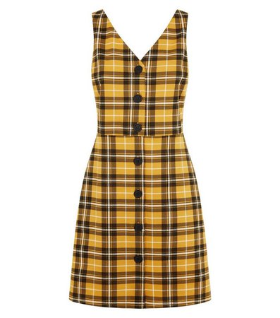 New Look Yellow Check Button Through Pinafore Dress
