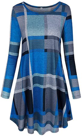 MIMIGOGO Women's Casual Striped Plaid Long Sleeve Loose Tunic Dress with Pockets at Amazon Women’s Clothing store