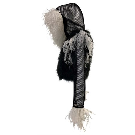 Torso Creations Black & White Ostrich Feather and Black Mesh Hoodie
