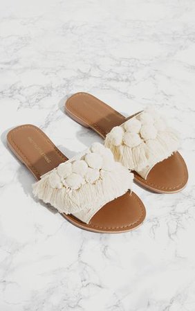 Cream Pom Pom Sandals | Shoes | PrettyLittleThing