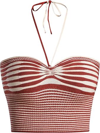Women's Striped Tie Backless Halter Top Sleeveless Knitted Crop Cami Tank