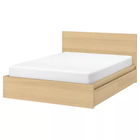MALM Bed frame, high, w 4 storage boxes - white stained oak veneer, Luröy - IKEA
