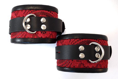 Wrist Cuffs Lockable BDSM Leather Bondage Restraints in Red Lace | LoveLeatherLace on ArtFire