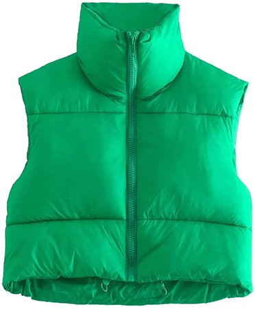 Women's Cotton Padded Crop Vest Zip Up Stand Collar Sleeveless Puffer Vest Padded Gilet Warm Outerwear Streetwear (Green , M ) at Amazon Women's Coats Shop