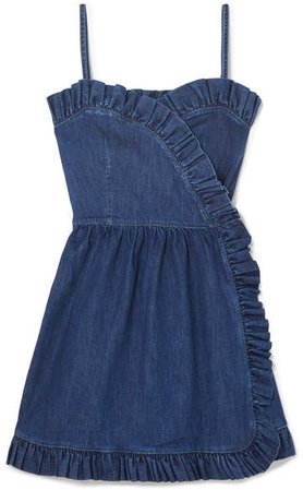 Ruffled Denim Wrap Mini Dress - Blue
