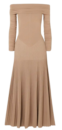KHAITE Rebecca off-the-shoulder ruched pleated stretch-knit maxi dress