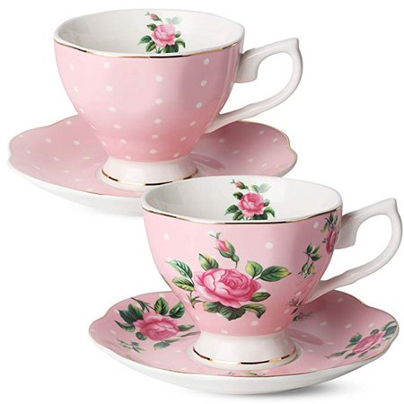 Amazon.com | BTäT- Floral Tea Cups and Saucers, Set of 2 (Pink - 8 oz) with Gold Trim and Gift Box, Coffee Cups, Floral Tea Cup Set, British Tea Cups, Porcelain Tea Set, Tea Sets for Women, Latte Cups: Saucers
