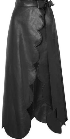 Scalloped Leather Wrap Skirt - Black