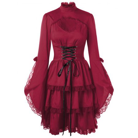 Wholesale Flare Sleeve Cut Out Lace Trim Dress In Red L | TrendsGal.com