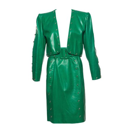 Givenchy Couture Green Leather Studded Skirt Suit, Circa 1980s For Sale at 1stdibs