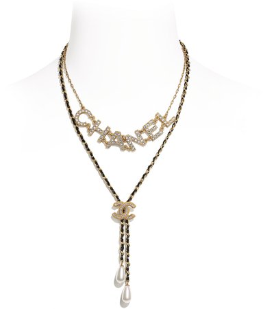 Necklace, metal, glass pearls, calfskin and rhinestones, gold, mother of pearl white, black and glass - CHANEL