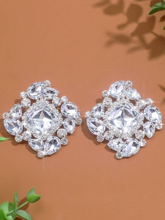 1pair Silver Square Shaped Crystal & Rhinestone Clip-on Earrings, Jewelry | SHEIN USA