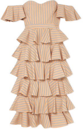 Irene Off-the-shoulder Ruffled Striped Cotton Dress - Tan