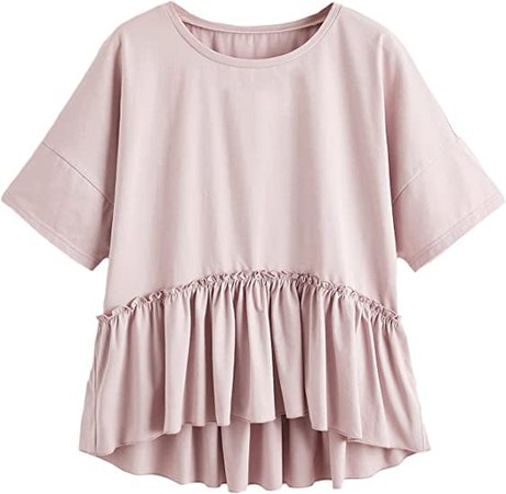 Romwe Women's Casual Short Sleeve Babydoll Tops High Low Round Neck T Shirt Tee Dusty Pink M at Amazon Women’s Clothing store