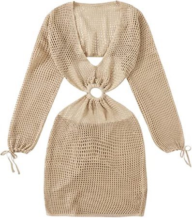 MakeMeChic Women's Long Sleeve Deep V Neck Hollow Out Knitted Cover Up Beach Dress Swimwear at Amazon Women’s Clothing store