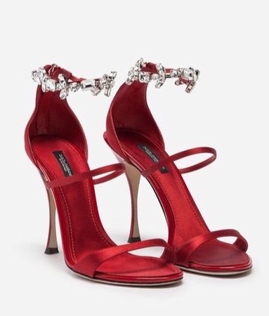 Red bejeweled ankle strapped pumps