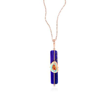 Moderne Gemstone Stick Pendant Necklace with Lapis, Ethiopian Opal, Red Orange Sapphire, Diamonds, 14K Rose Gold - Loriann Jewelry