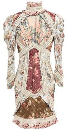 Pleated Appliqued Floral-print Silk Mini Dress