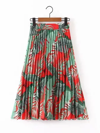 Tropical Print Pleated Elastic Waist Skirt | SHEIN USA green