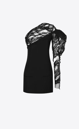 Saint Laurent Black Lace One Shoulder Asymmetrical Mini Dress | YSL.com