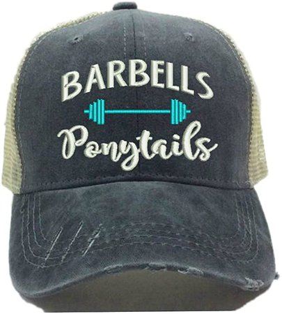 Barbells Ponytails 2 Adult Custom Distressed Trucker Hat Embroidered Vintage Ball Cap (Turquoise, Black/Khaki Hat) at Amazon Women’s Clothing store