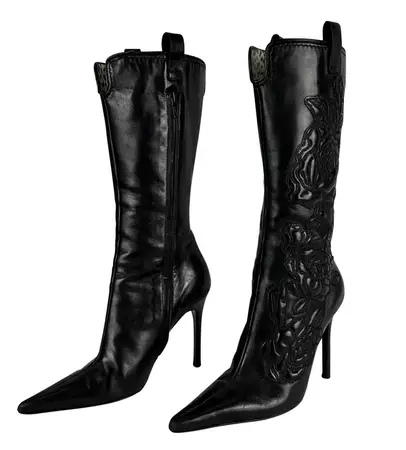 2003 Roberto Cavalli Rose Embroidered Black Leather Heeled Boots 37 IT For Sale at 1stDibs