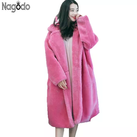 Nagodo Pink Lamb Fur Coat 2018 Autum Winter Loose Ladies Oversize Coat Women Thick warm Long Wool Plush Coat Faux Teddy jacket-in Faux Fur from Women's Clothing on Aliexpress.com | Alibaba Group
