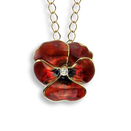 18 Carat Gold Red Enamel Pansy Necklace with Diamonds