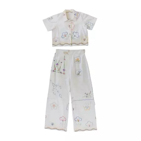 Summer Crop Top & Pants Set With Floral Embroidery & Patchwork | Sugar Cream Vintage | Wolf & Badger