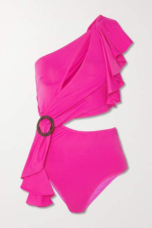 Neon One-shoulder Ruffled Cutout Swimsuit - Fuchsia