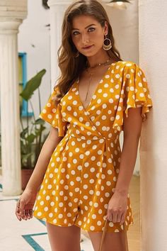 Yellow polka dot romper | Summer romper outfit, Polka dot romper outfit, Yellow romper