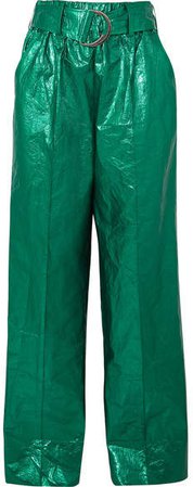 STAND - Alaina Belted Crinkled Metallic Faux Leather Wide-leg Pants - Green