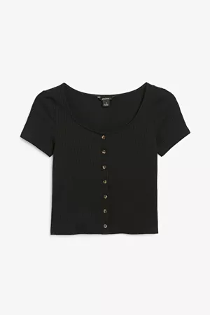 Cropped button-up top - Black magic - Tops - Monki WW