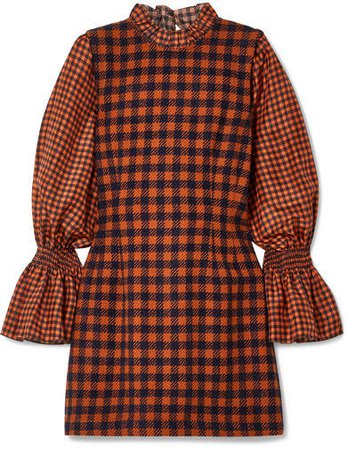 Ethno Pop Checked Wool-blend And Silk Mini Dress - Orange