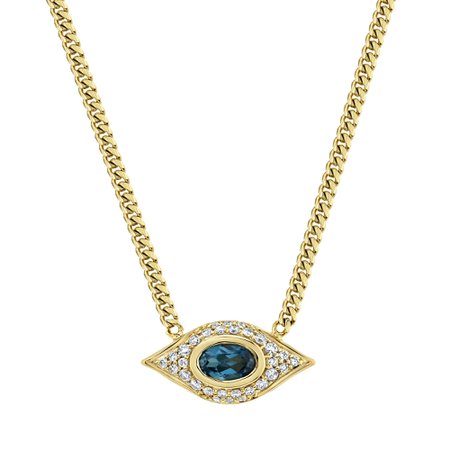 14k Yellow Gold Diamond Oval Blue Topaz Evil Eye Necklace