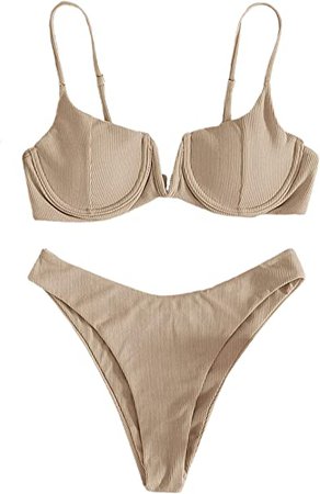 Avanova Women's Sexy Underwire Bikini Set Triangle Ribbed Knit Swimsuit High Cut Push Up Bathing Suits Apricot Medium at Amazon Women’s Clothing store