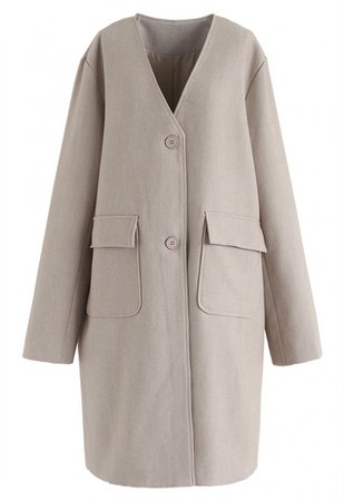 V-Neck Pockets Longline Coat in Tan - OUTERS - Retro, Indie and Unique Fashion