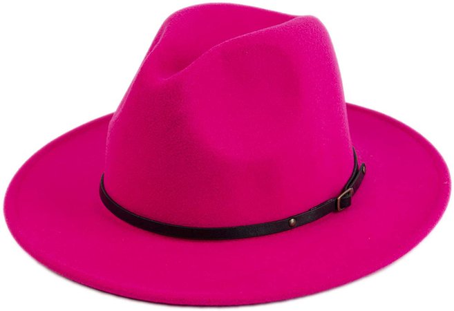 Lanzom Womens Classic Wide Brim Floppy Panama Hat Belt Buckle Wool Fedora Hat (One Size, Rose) at Amazon Women’s Clothing store