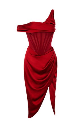 Clothing : Midi Dresses : 'Lulu' Red Asymmetric Drape Midi Corset Dress