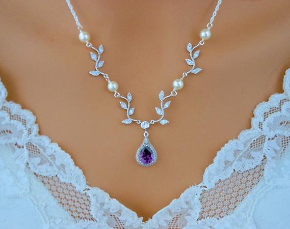 Wedding Necklace PURPLE Bridal VINE Necklace LAVENDER Bridal Jewelry White or Ivory Pearls Sterling Silver
