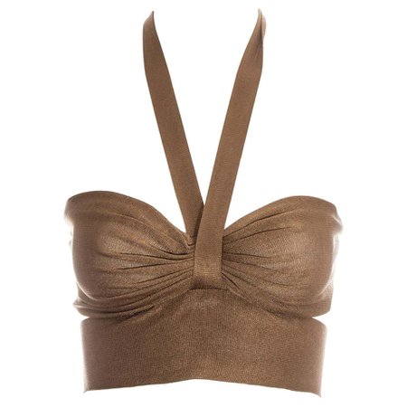 Azzedine Alaia bronze acetate knit halter cropped bra top, ss 1986 For Sale at 1stdibs