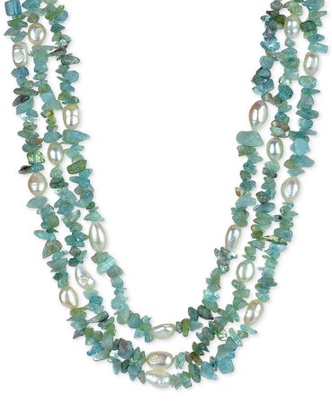 Macy's Sterling Silver Aquamarine & Cultured Baroque Freshwater Pearl Triple Strand Necklace