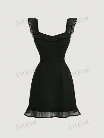 SHEIN MOD Black Solid Color Slim Fit Women's Ruffle Hem Dress | SHEIN USA