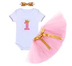 Amazon.com: ODASDO Baby Girls First Birthday Outfit Newborn Infant 1st One Year Old Party Cake Smash Photo Props Crown 1 Cotton Short Sleeve Romper + Princess Tutu Skirt + Headband 3pcs Clothes Set Pink 01: Clothing, Shoes & Jewelry