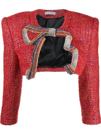 AREA Embroidered crystal-bow Cropped Jacket - Farfetch
