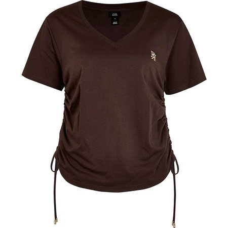 Brown ruched v-neck t-shirt | River Island